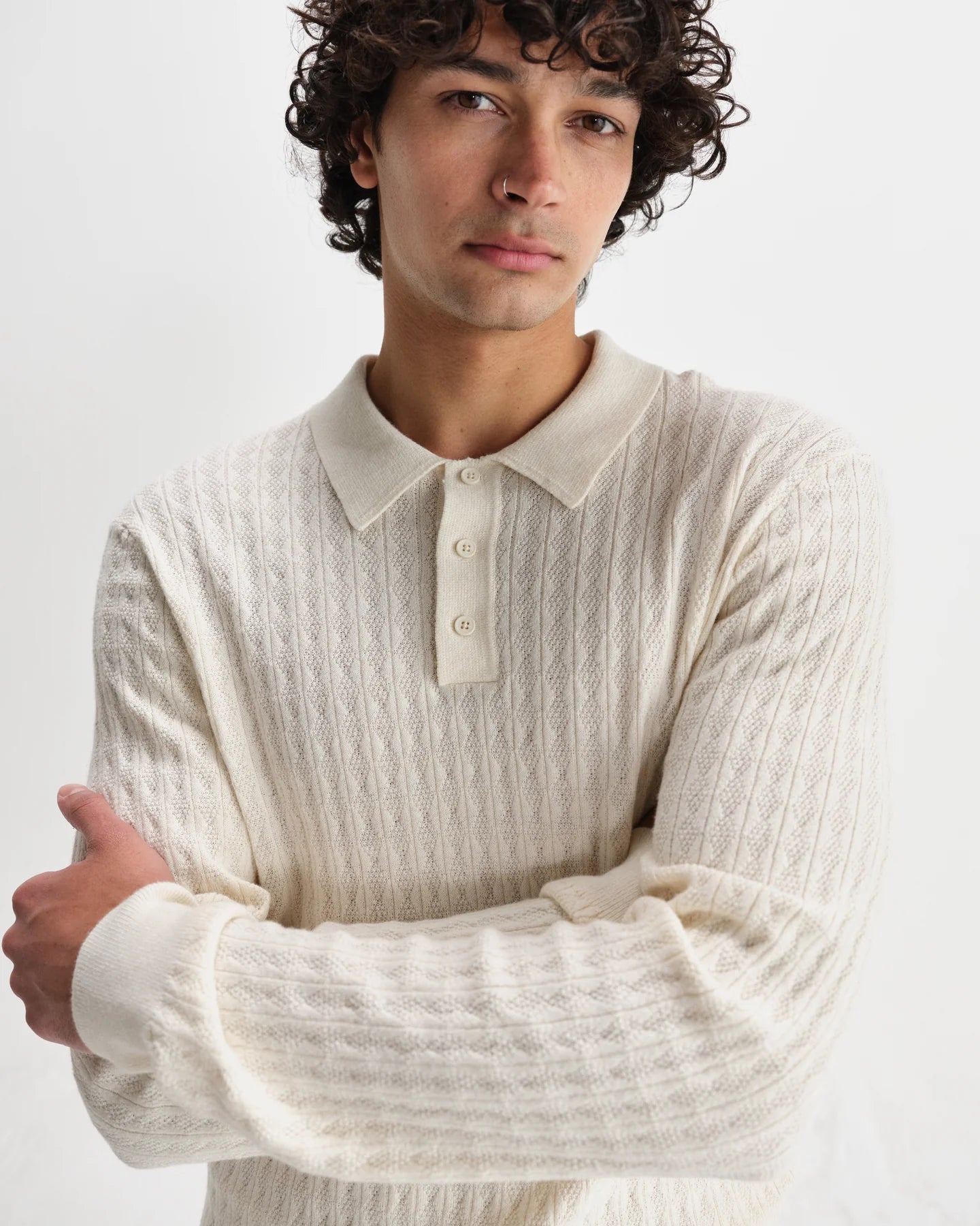 OBAN DIAMOND STRIPE KNITTED POLO, ECRU