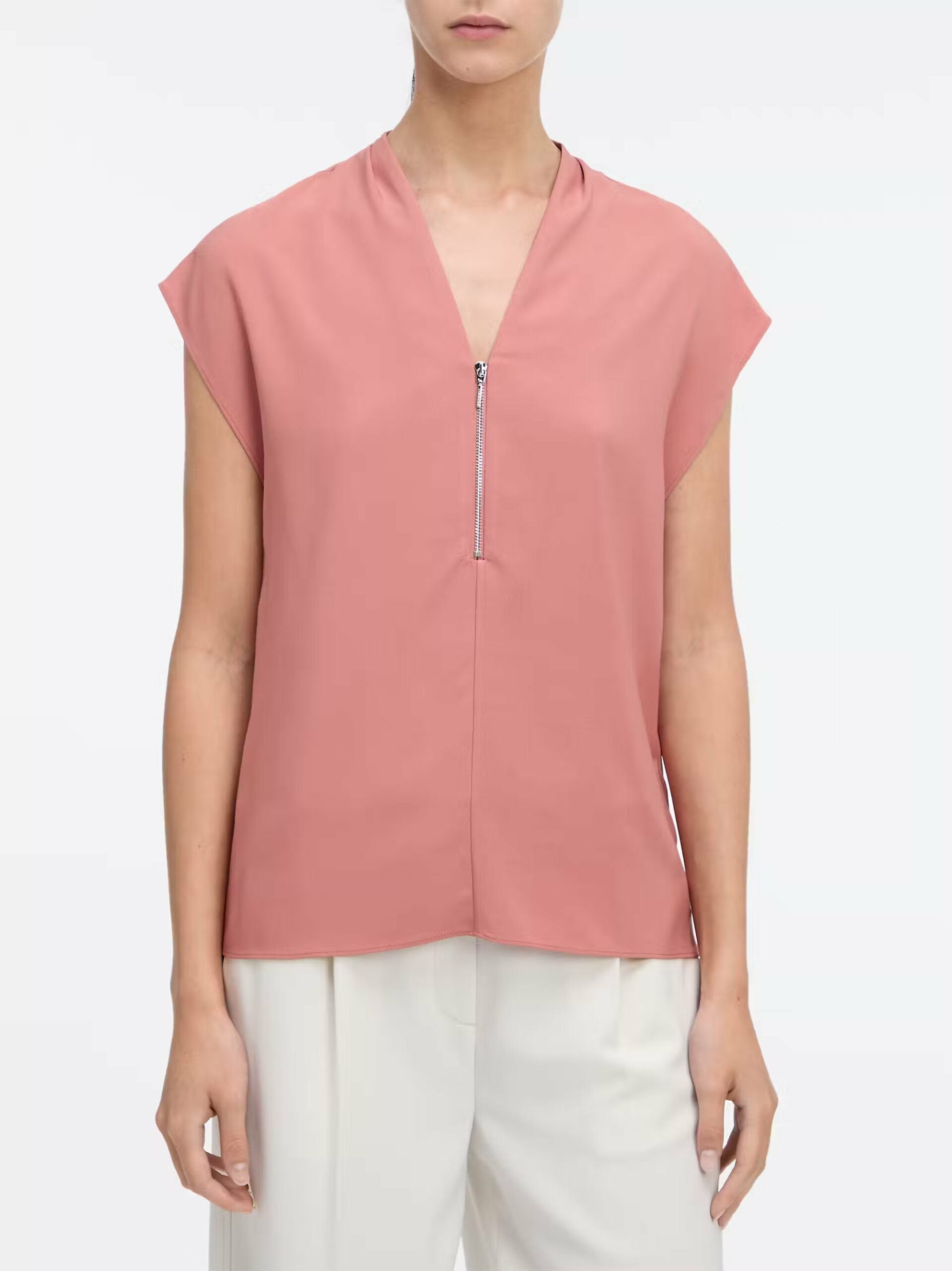 Heavy Georgette SS Zip Blouse, Light Mahogany