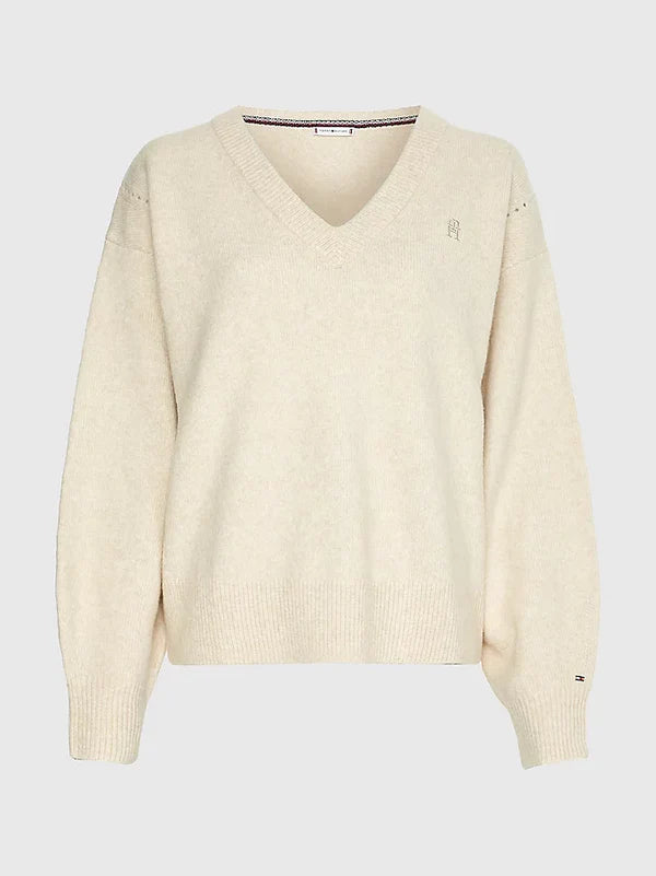 PUFF SLEEVE V-NK SWEATER, HEATHERED OATMILK