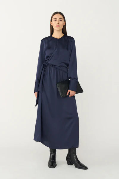 IRIS SATIN DRESS, DEEP NAVY BLUE
