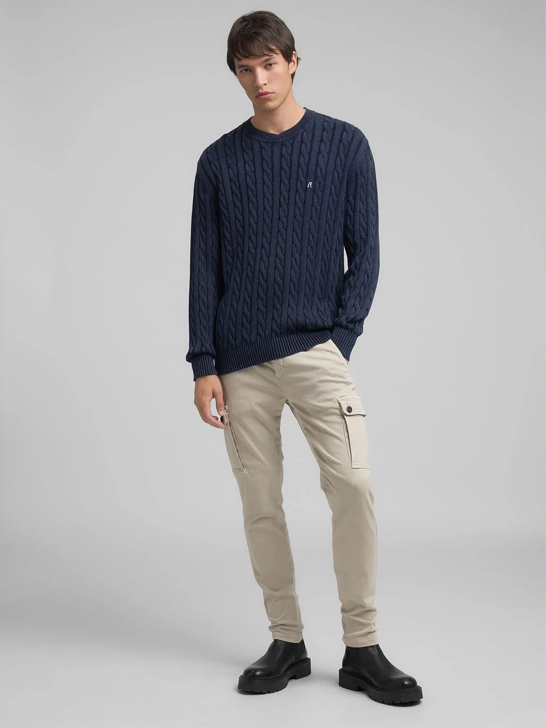 COTTON PULLOVER CABLE KNIT, BLUE