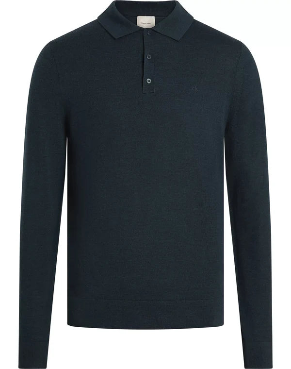 MERINO RWS POLO SWEATER, MIDNIGHT FOREST HEATHER