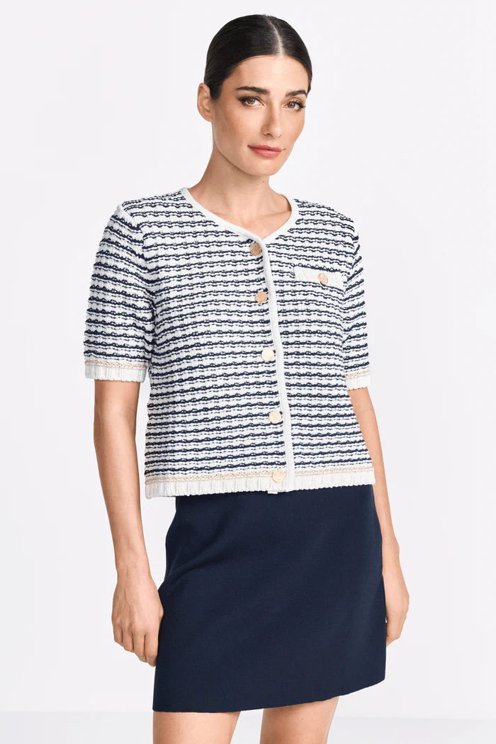 Boxy Striped Structure Cardigan, Pearl White