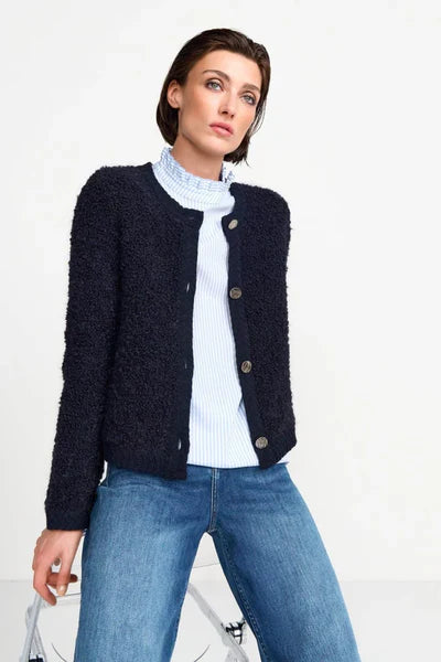 BOUCLÉ CREW NECK CARDIGAN, MIDNIGHT BLUE