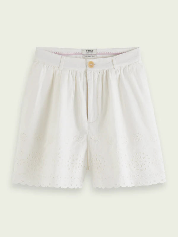 EMBROIDERED ORGANIC COTTON SHORTS, VANILLA WHITE