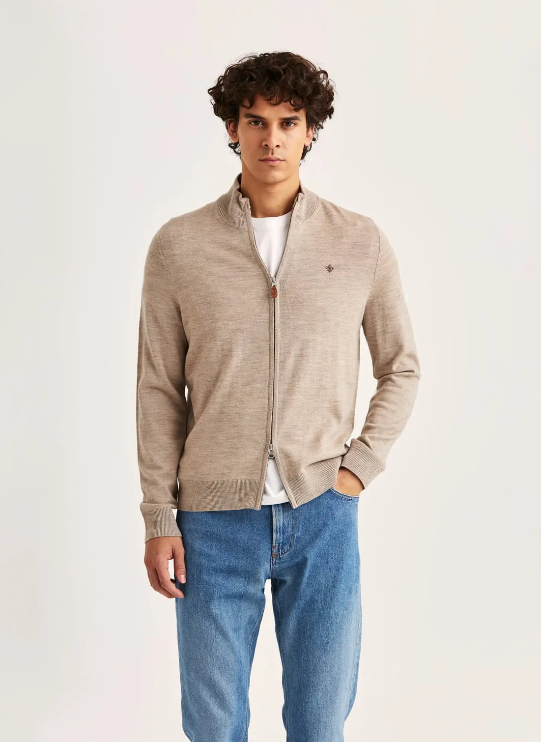 MERINO ZIP CARDIGAN, KHAKI