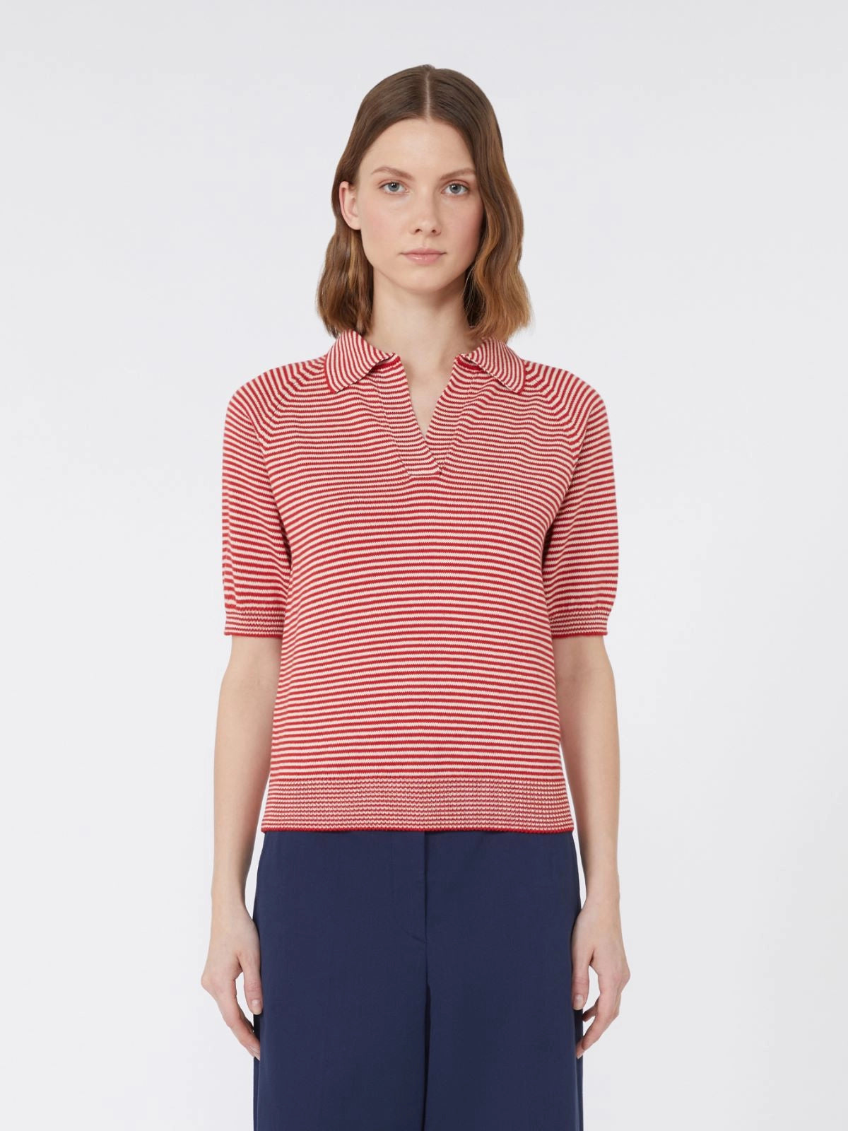 JUNIOR KNIT POLO, RED STRIPED