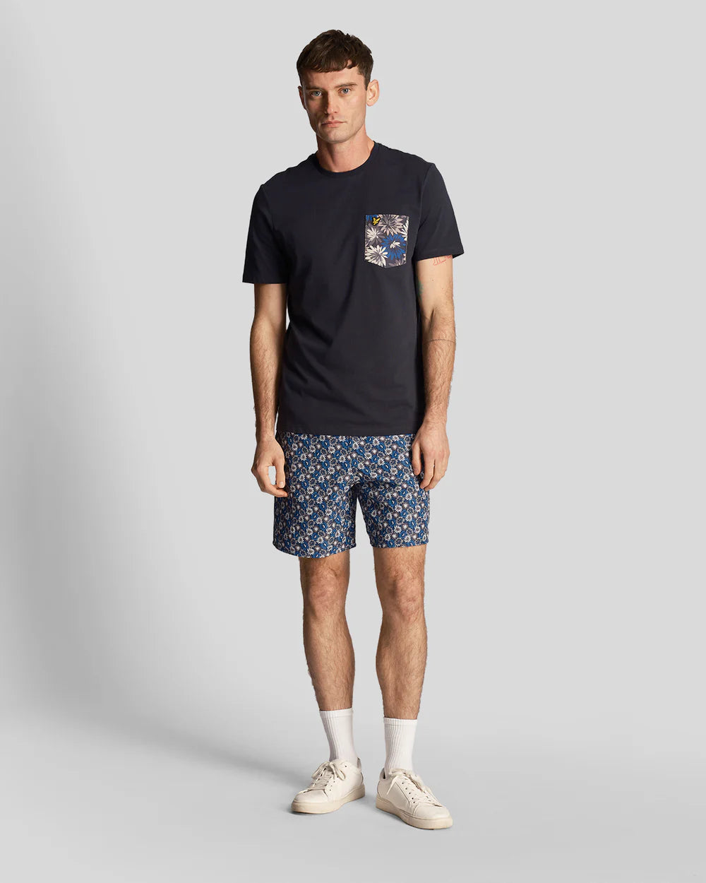 Floral Print Resort Swim Shorts, Dark Navy