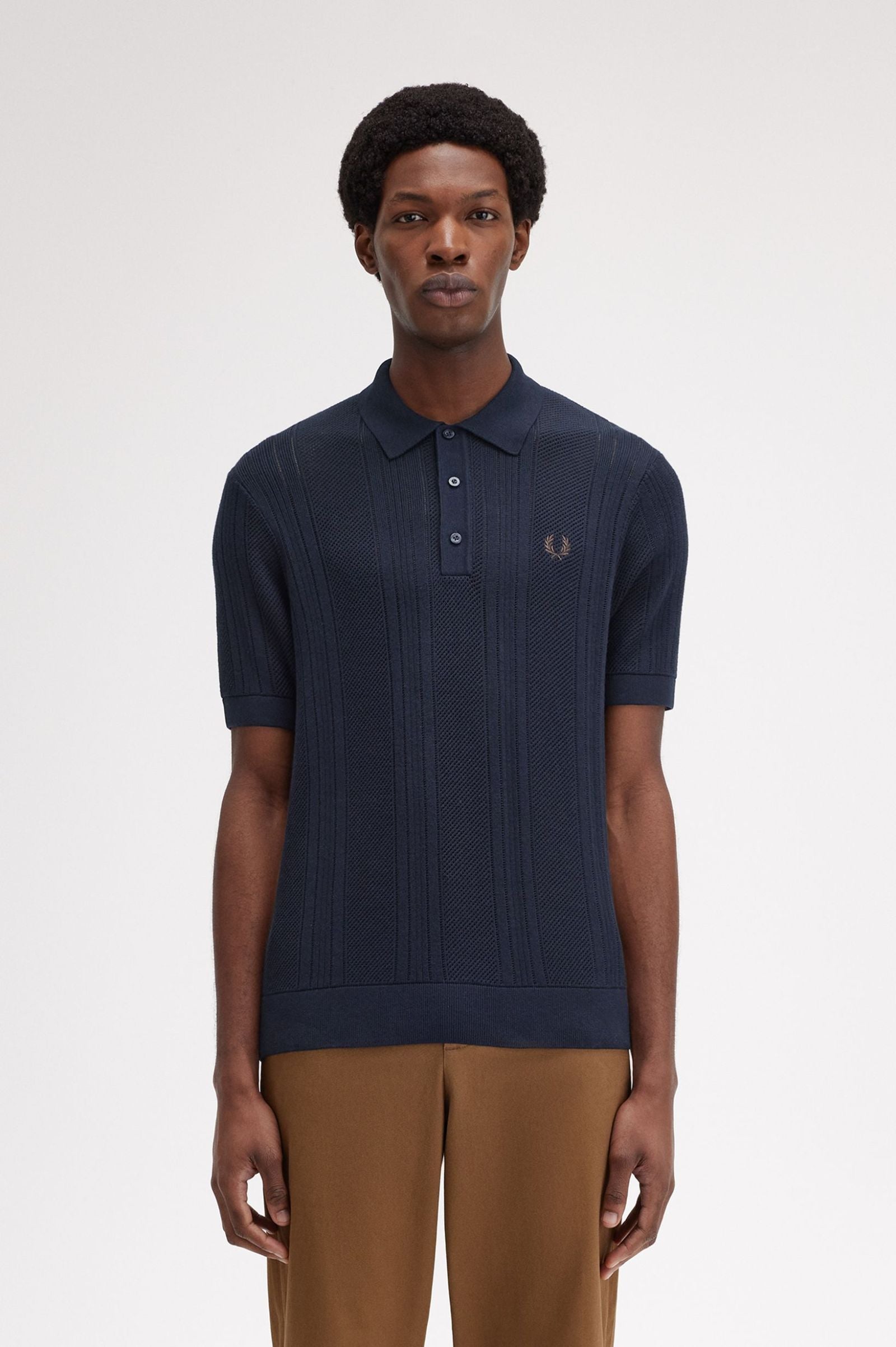 Pointelle Panel Knit shirt, navy