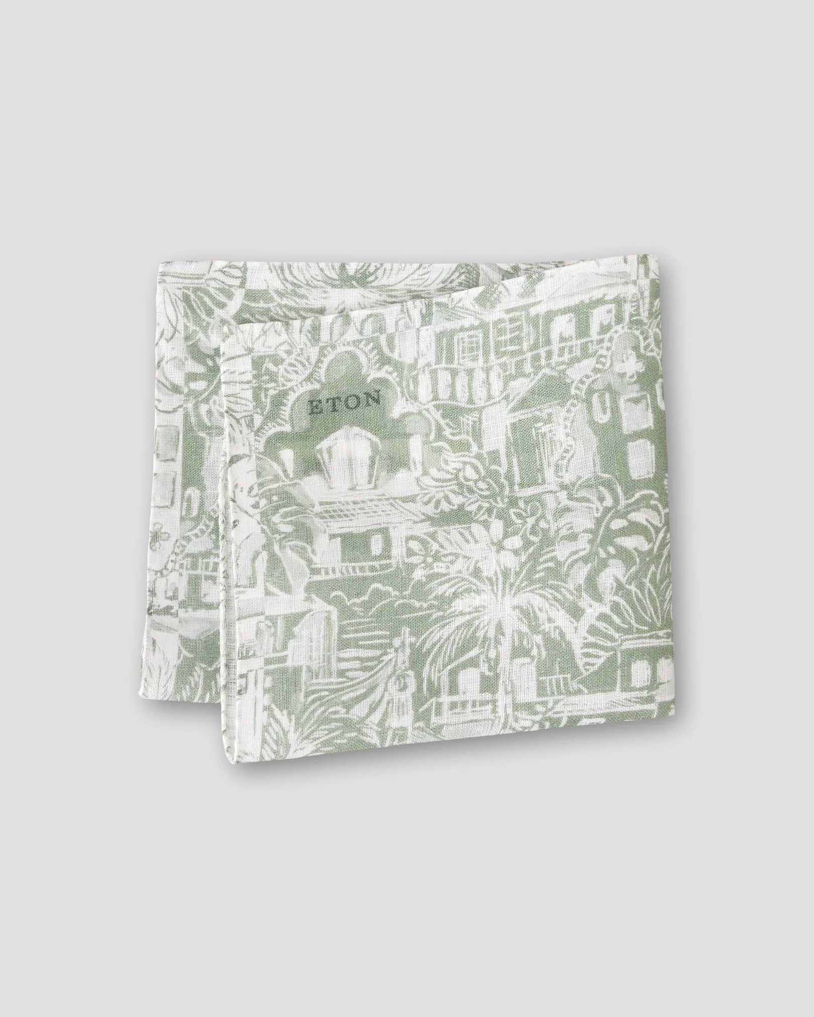 PALM TREE LINEN POCKET SQUARE, MID GREEN