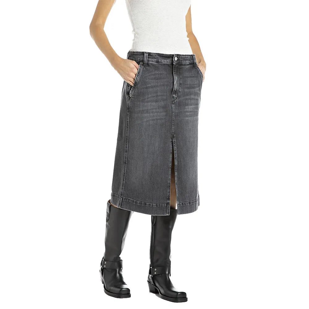 DENIM MIDI SKIRT, GREY