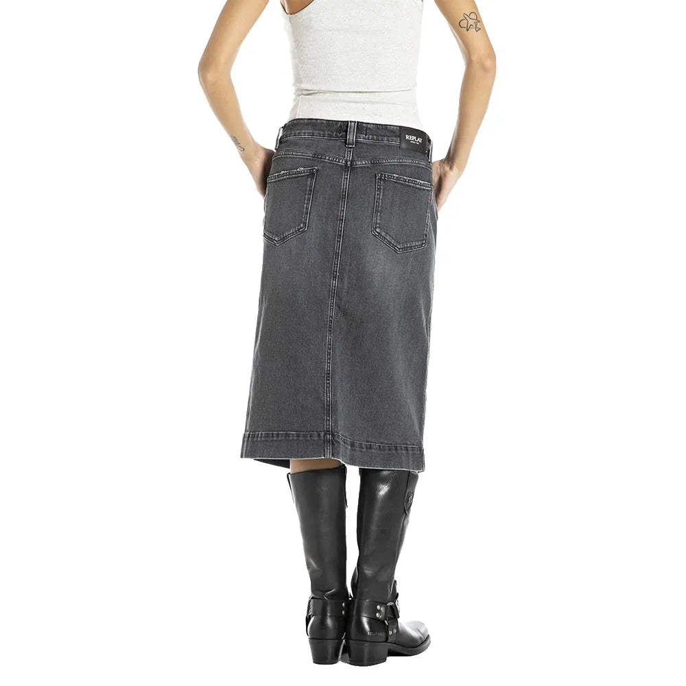 DENIM MIDI SKIRT, GREY