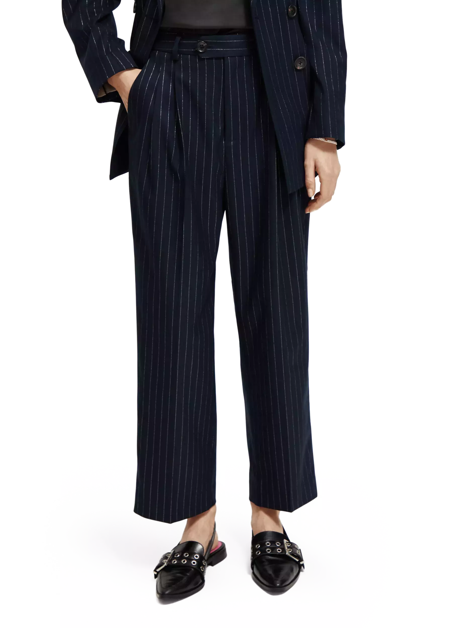Front Pleat Pinstripe Boyfriend Pant (night)