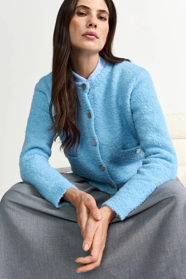 BOUCLÉ CARDIGAN W/BUTTONS, FROSTY BLUE