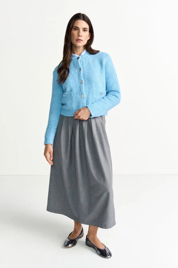 BOUCLÉ CARDIGAN W/BUTTONS, FROSTY BLUE
