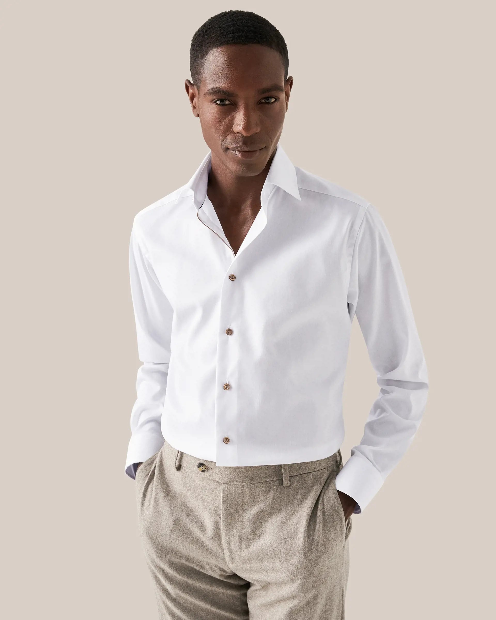 White Shirt, Brown Button, Slim