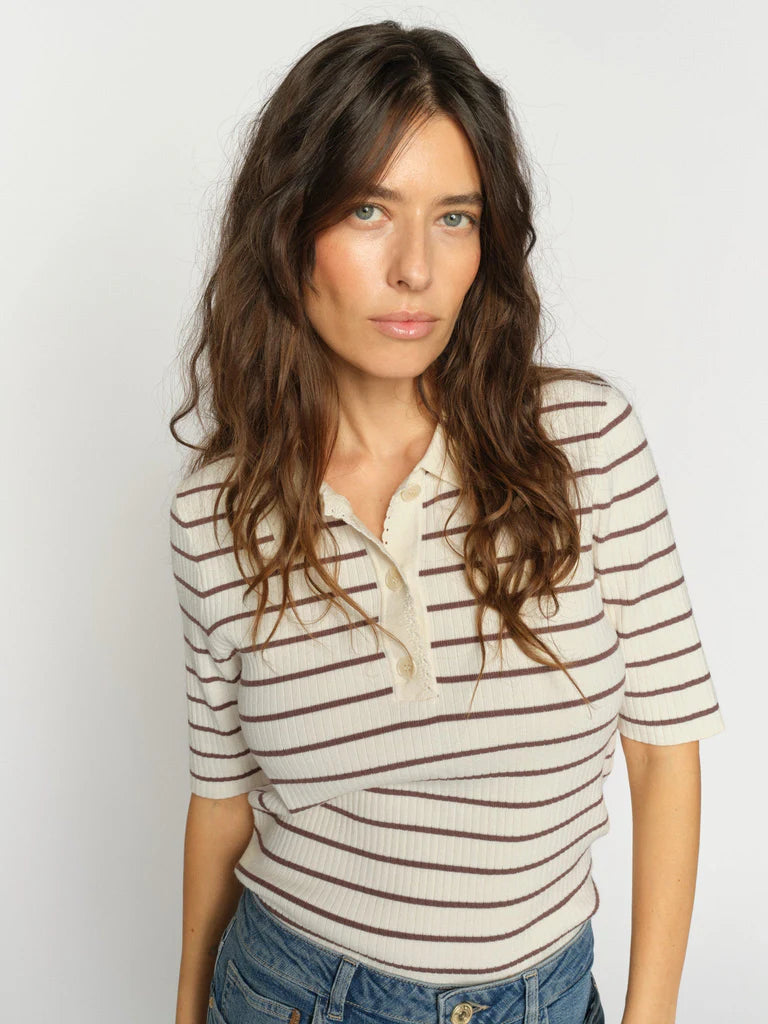 CALIZ STRIPE SS KNIT POLO, COFFEE QUARTZ