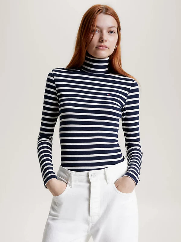 SLIM FIT ROLL NECK BLOUSE, NAVY STRIPE