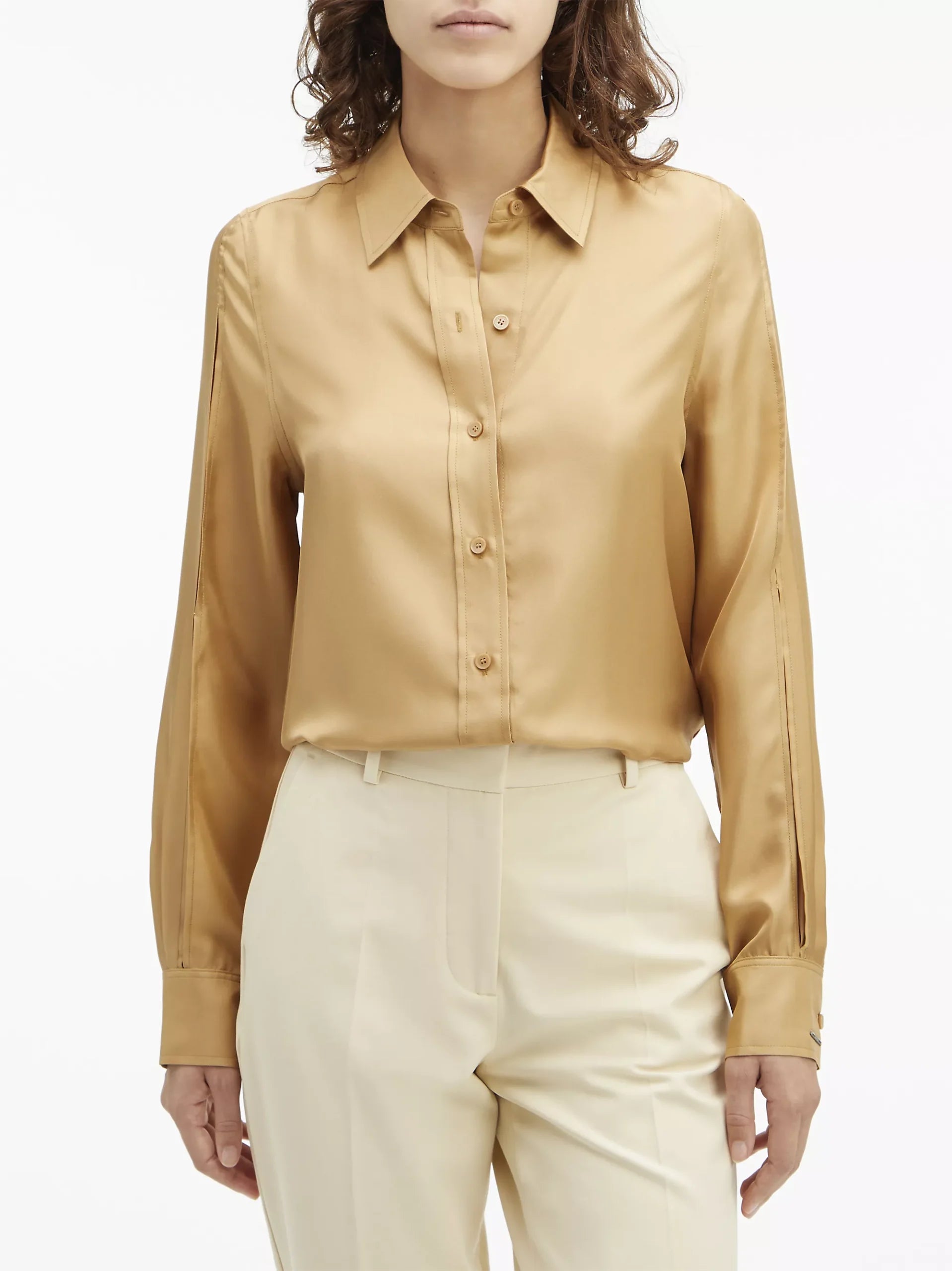 Silk Split Sleeve Shirt, Iced Coffe