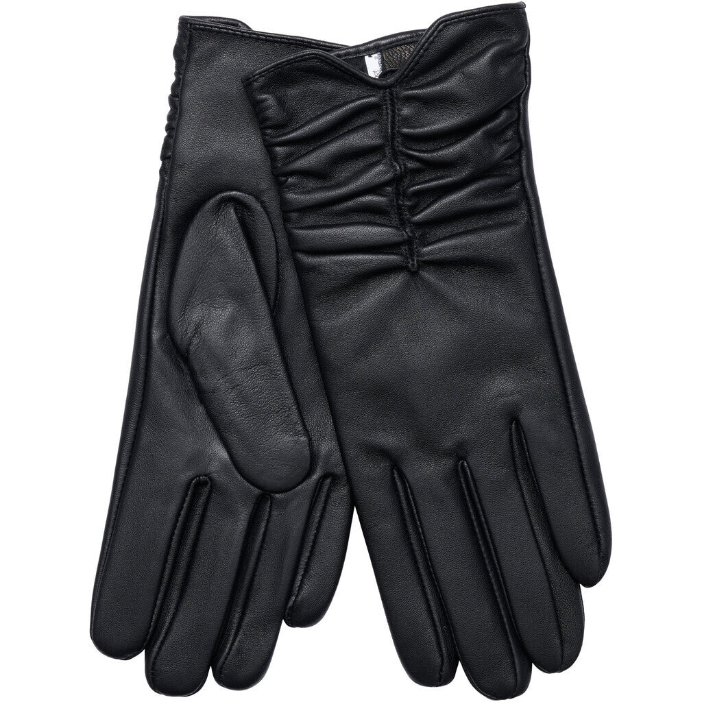 Leather Gloves w/ Gathered Details, Black