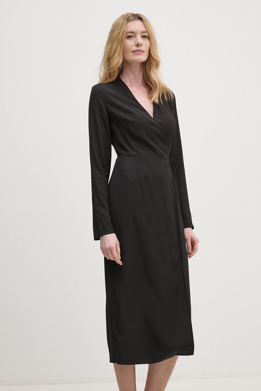 Viscose Twill Wrap Midi Dress, Black