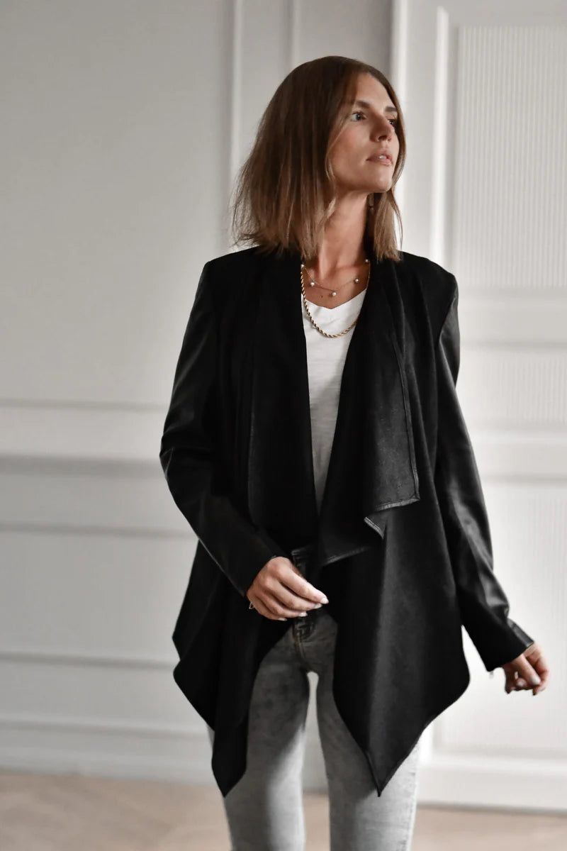 WOOL CARDIGAN W/LEATHER SLEEVES, BLACK
