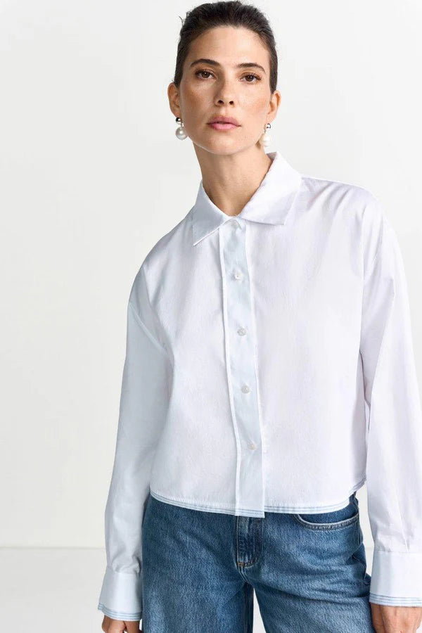 SHIRT BLOUSE W/CONTRASTING PIPING, WHITE