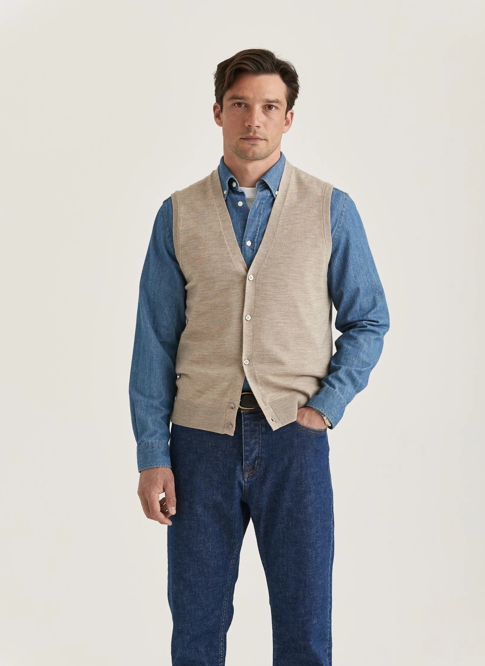 Merino Slipover Vest, Khaki