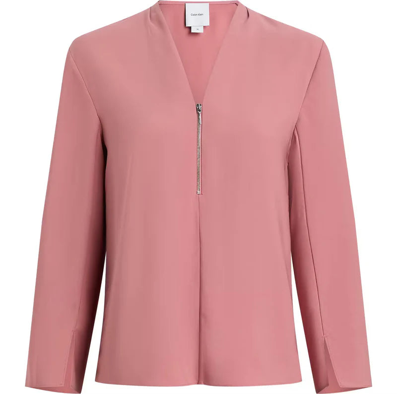 HEAVY GEORGETTE LS ZIP BLOUSE, LIGHT MAHOGANY