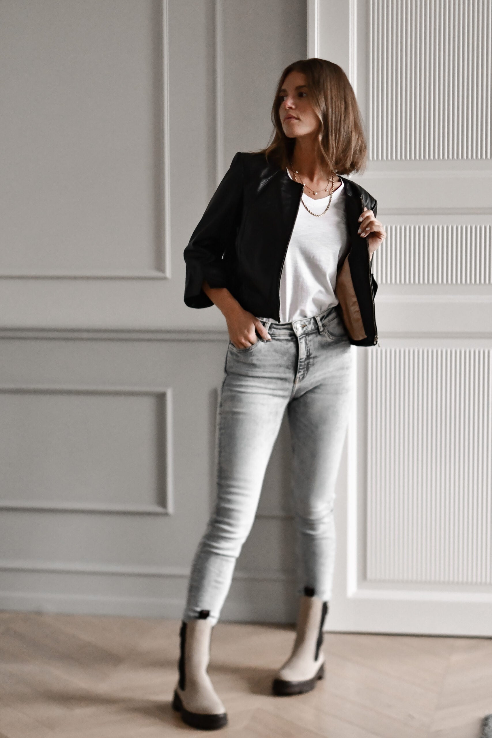 Cropped Leather Jacket, Black