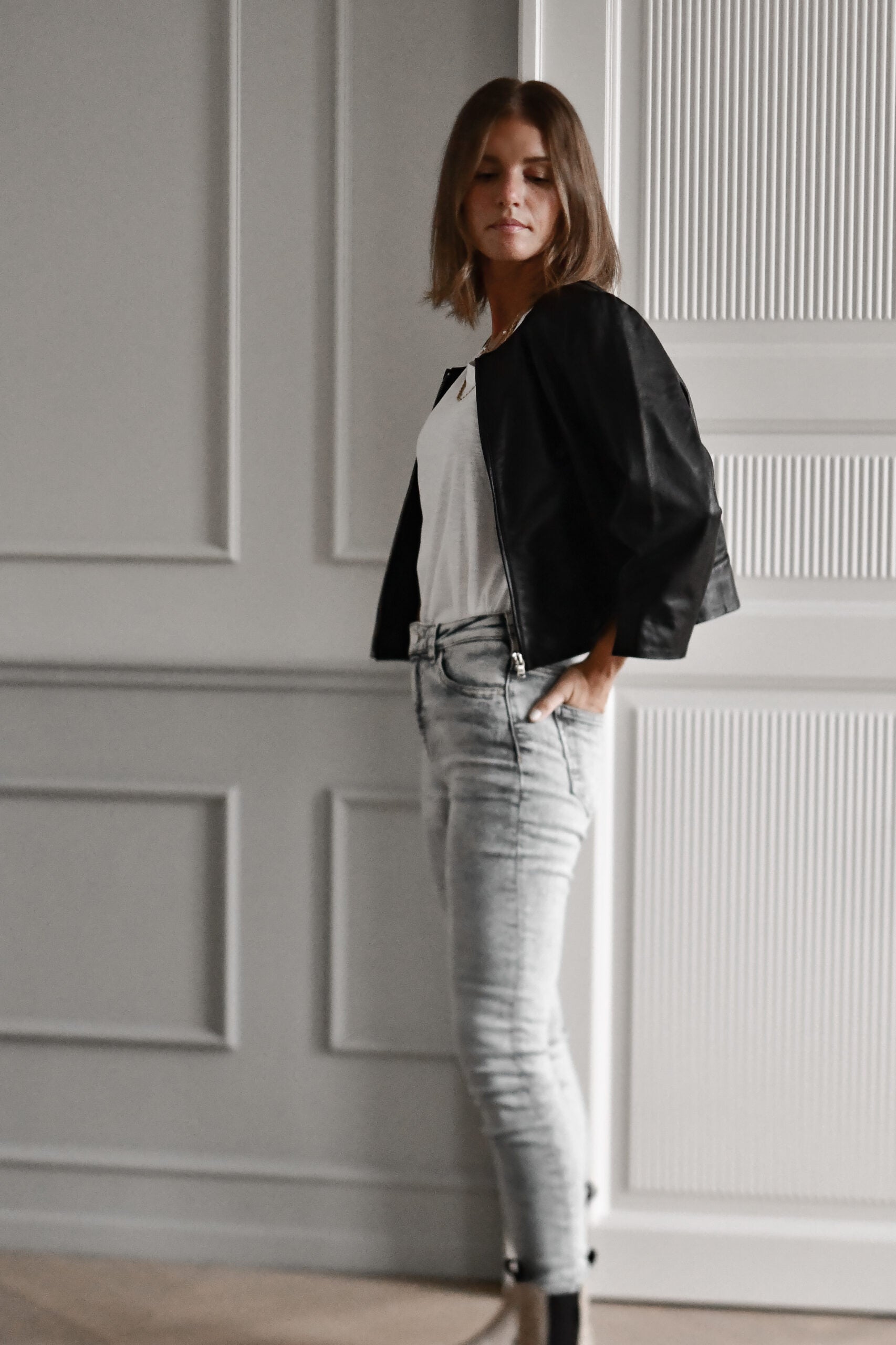 Cropped Leather Jacket, Black