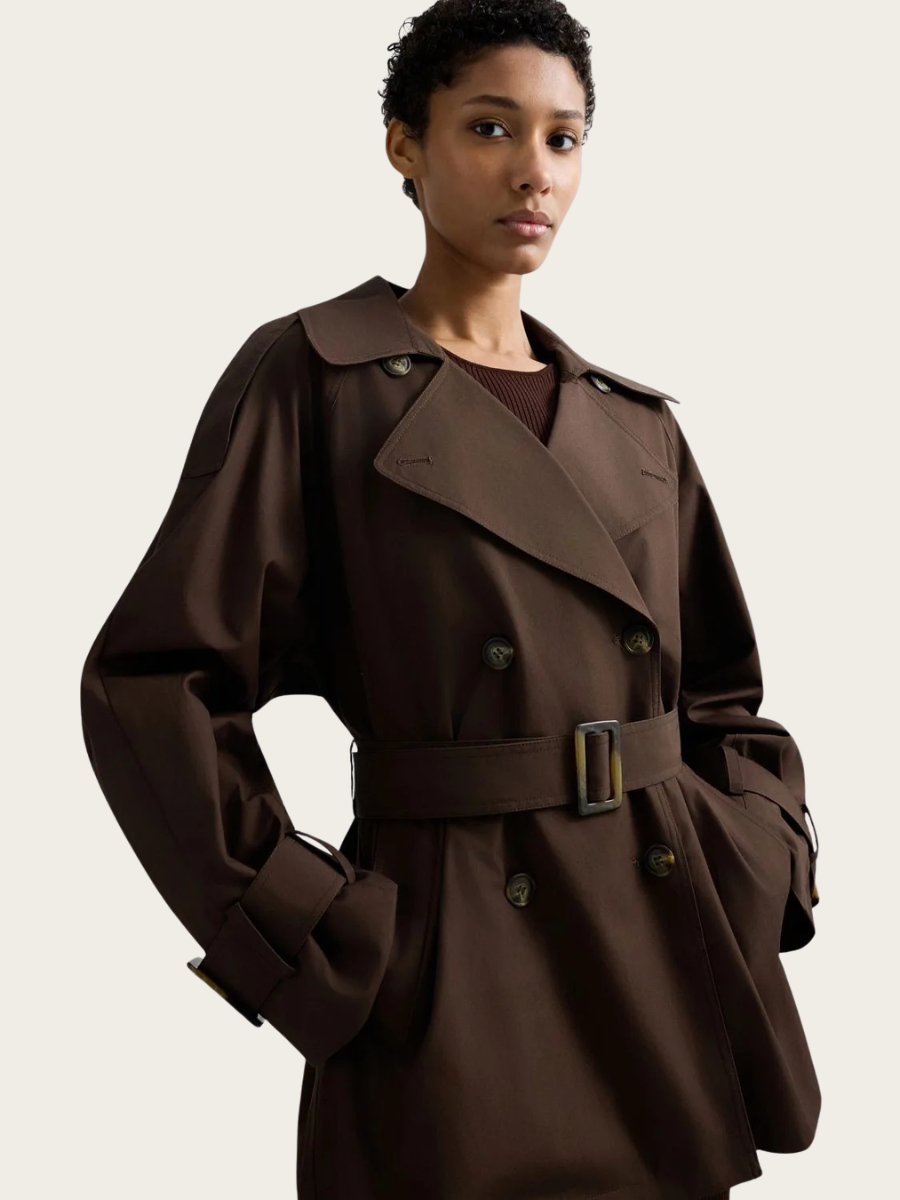 RELAXED FIT SHORT TRENCH COAT, COFFEE