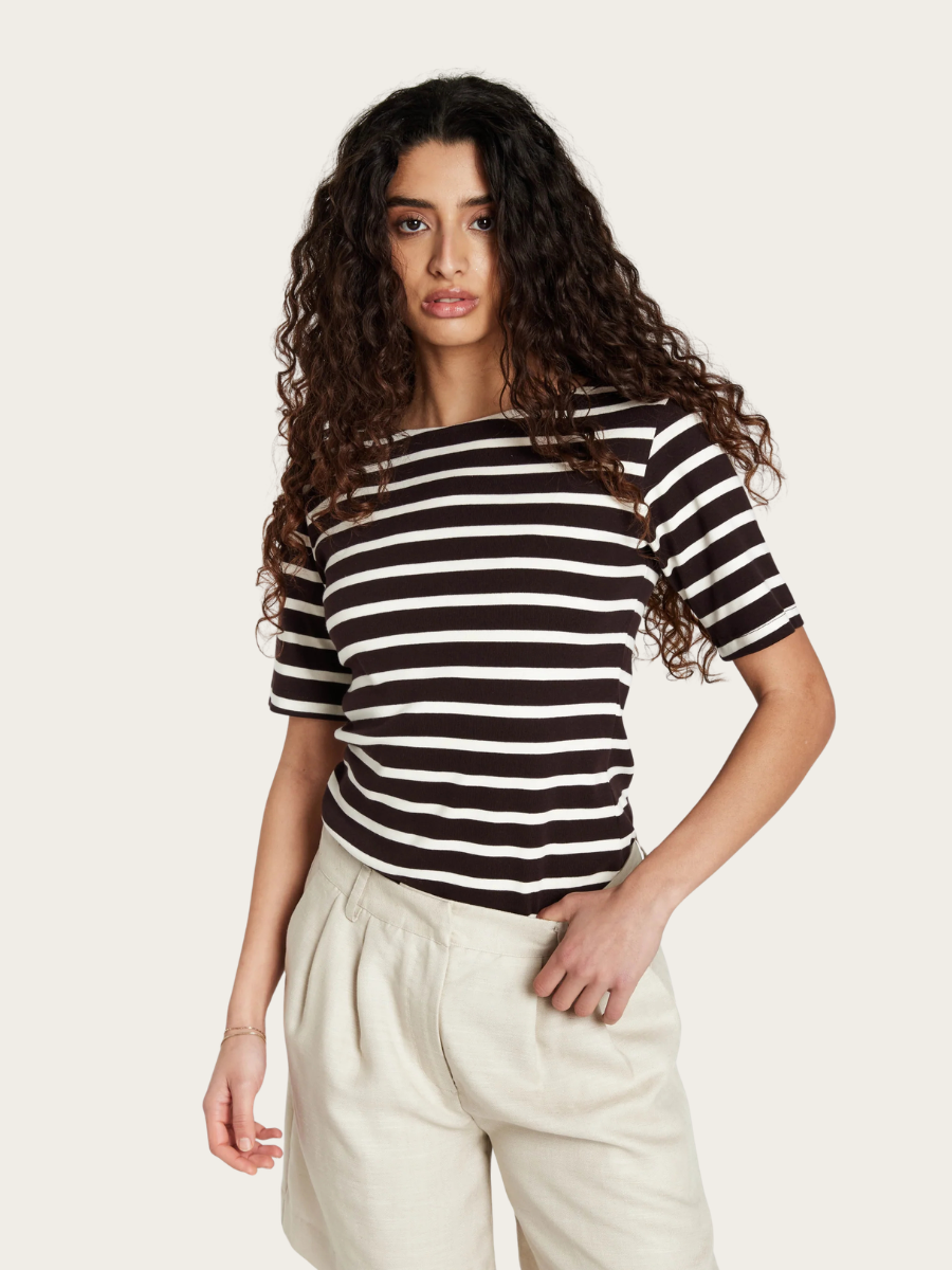 IGUANURA BOAT NECK BLOUSE, BROWN STRIPE