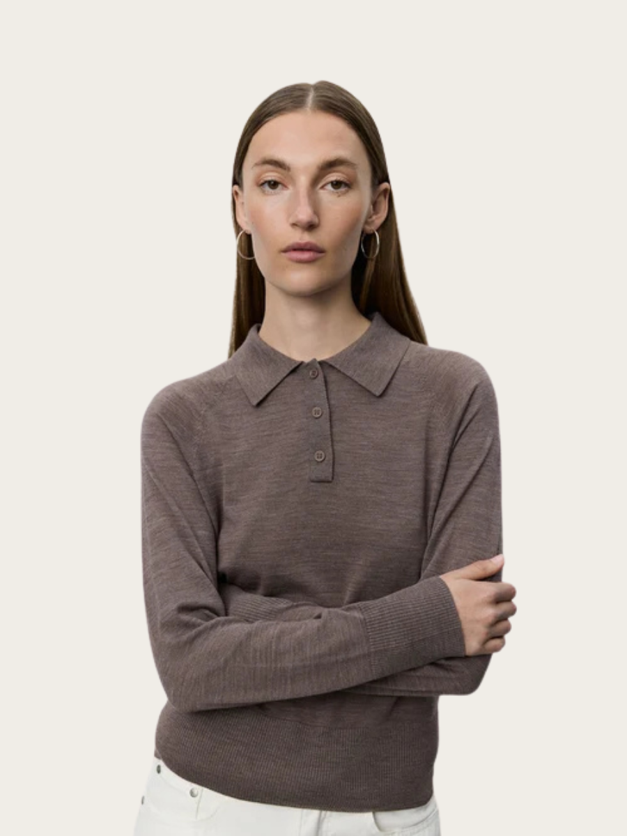 SELENE KNIT POLO, BROWN MELANGE