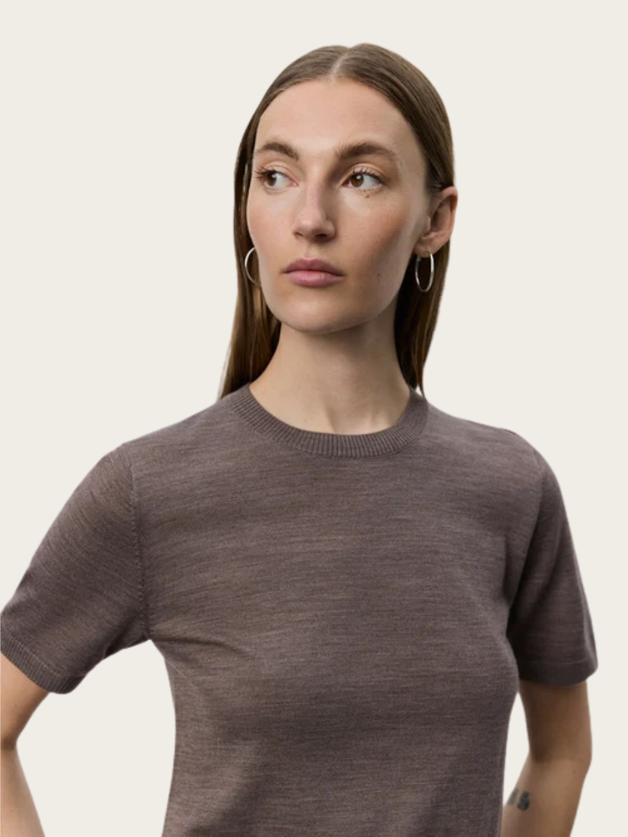 SORELLA SHORT SLEEVE KNIT, BROWN MELANGE