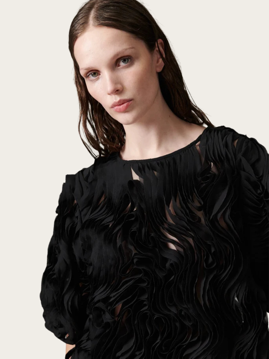TATIANA RUFFLED LACY BLOUSE, BLACK