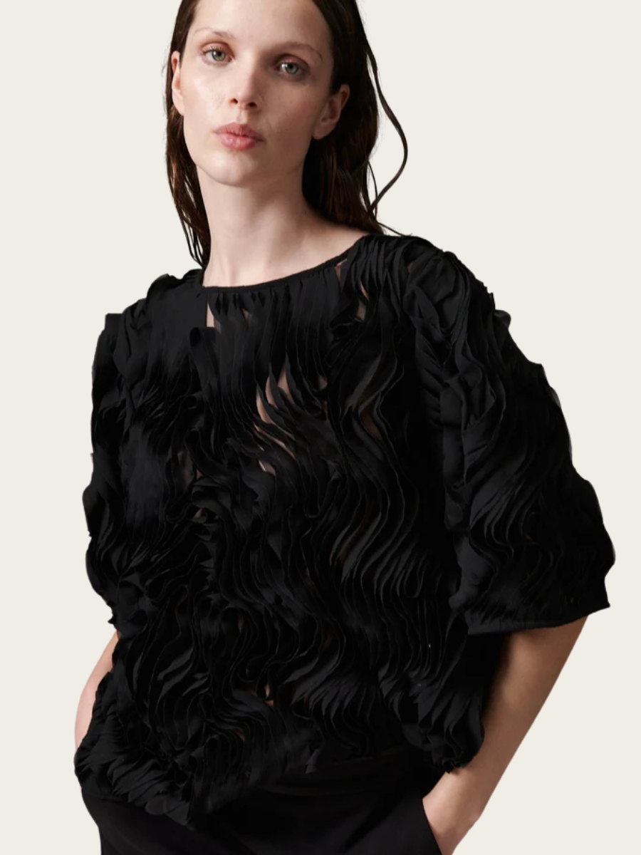 TATIANA RUFFLED LACY BLOUSE, BLACK