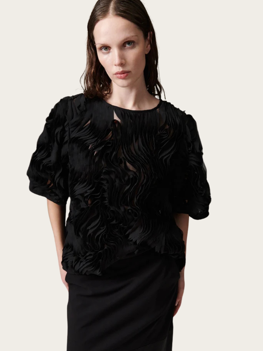TATIANA RUFFLED LACY BLOUSE, BLACK