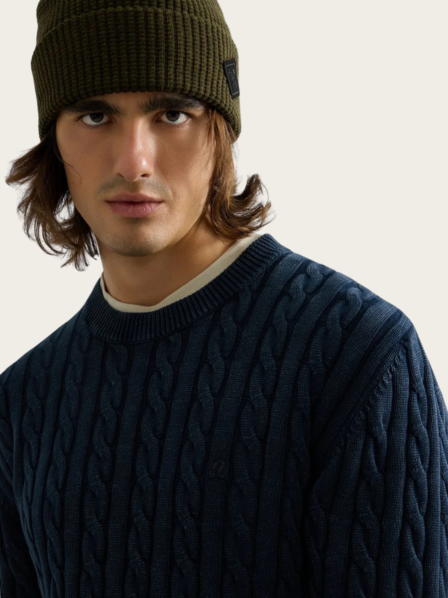 C-NK CABLE KNIT PULLOVER, NAVY