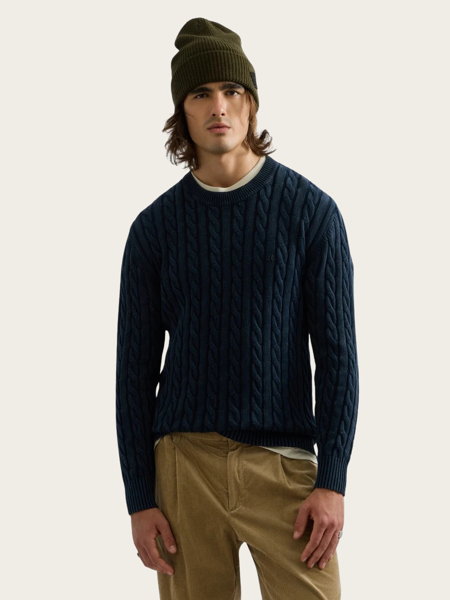 C-NK CABLE KNIT PULLOVER, NAVY