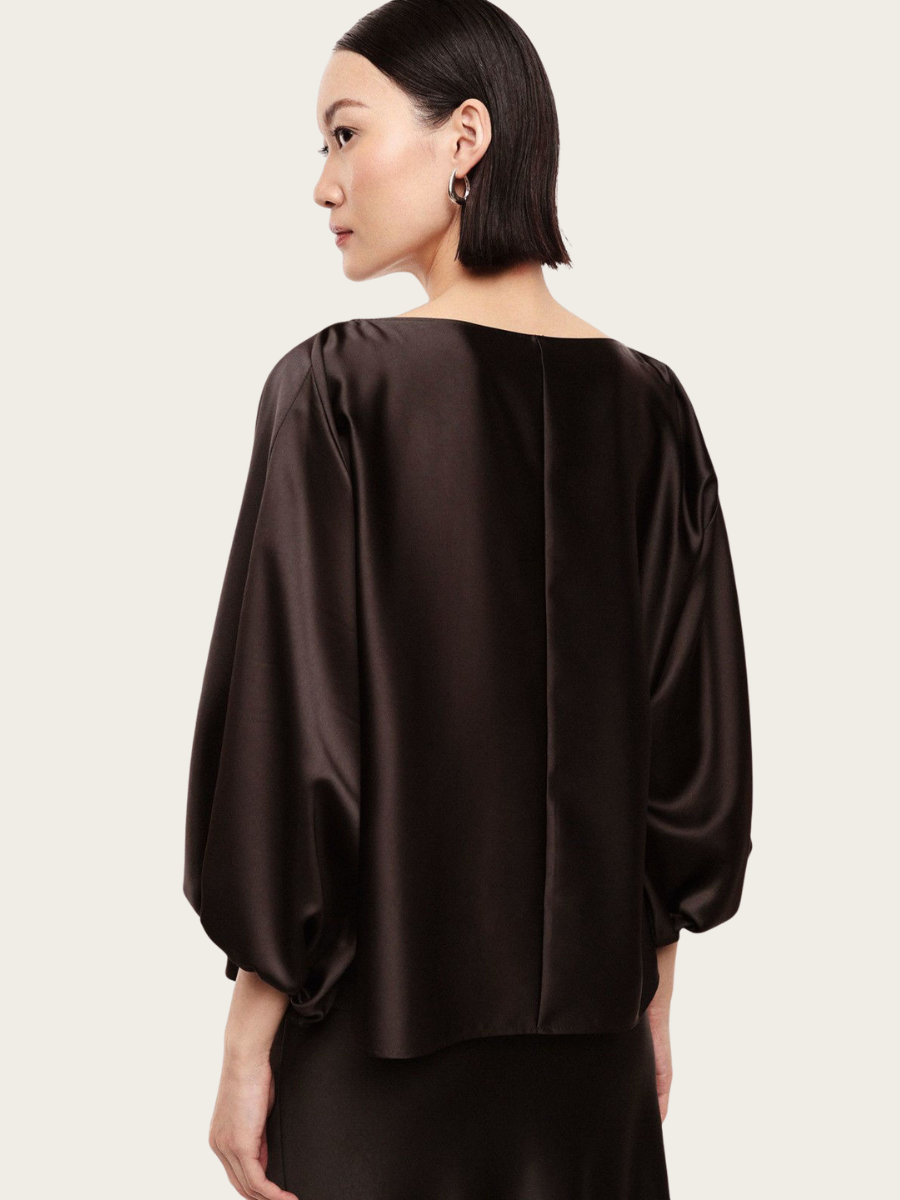 WIDE FIT BOAT-NK BLOUSE, DARK COFFEE