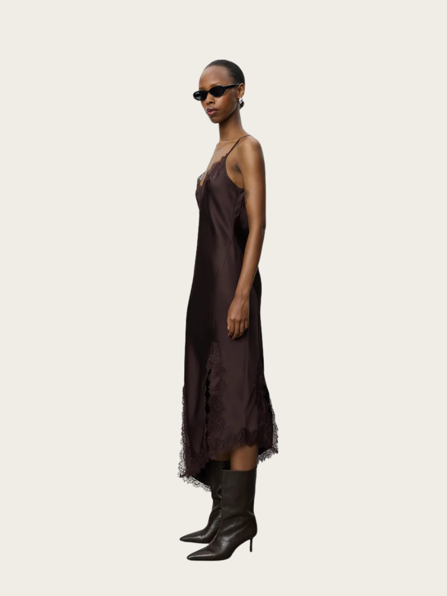 LOUNELLE SATIN LACE DRESS, DARK PLUM