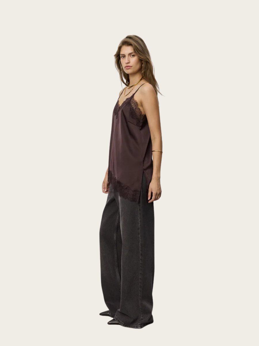 LEONA SATIN LACE TOP, DARK PLUM