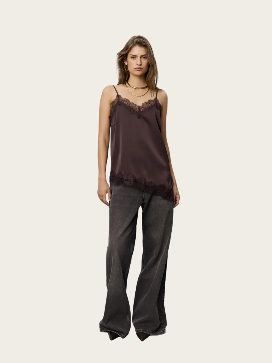 LEONA SATIN LACE TOP, DARK PLUM