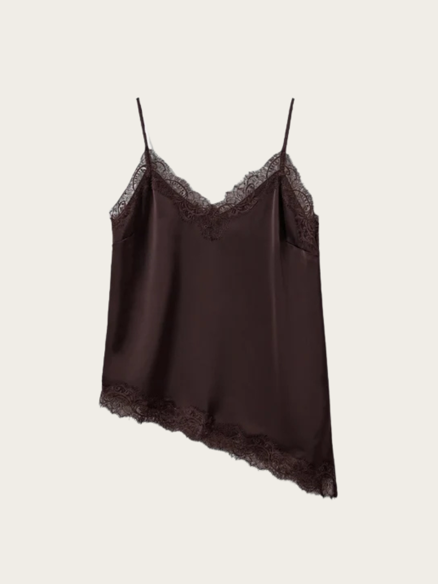 LEONA SATIN LACE TOP, DARK PLUM