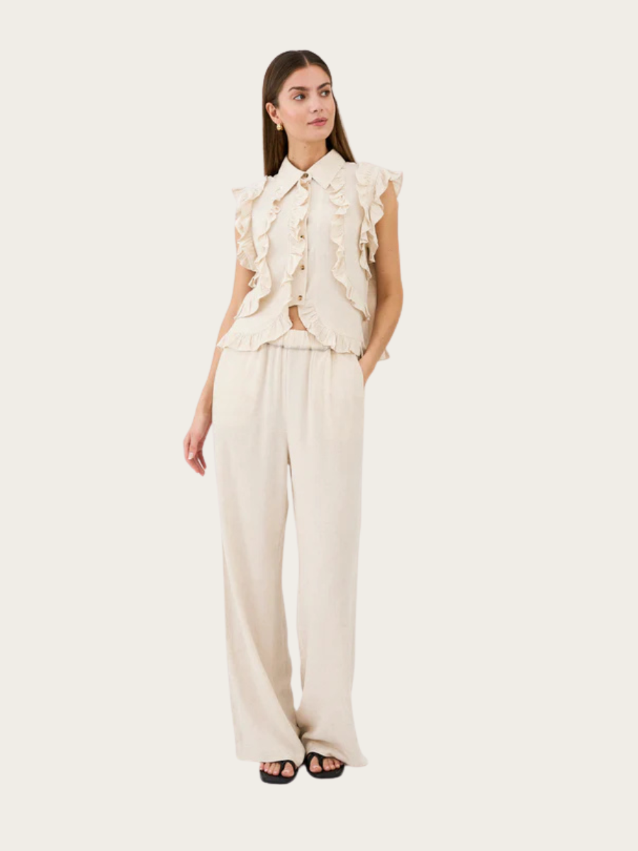 MILES FLOUNCE TOP, OYSTER WHITE MELANGE