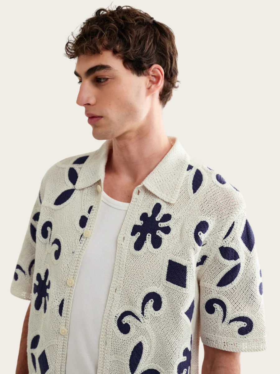 PORTO SS SHIRT, ECRU/DARK BLUE