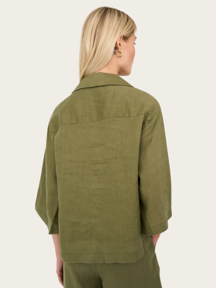 LINA LINEN V-NK BLOUSE, FADED GREEN