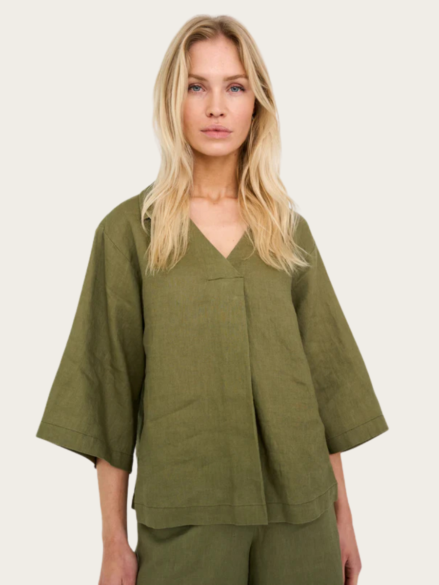 LINA LINEN V-NK BLOUSE, FADED GREEN
