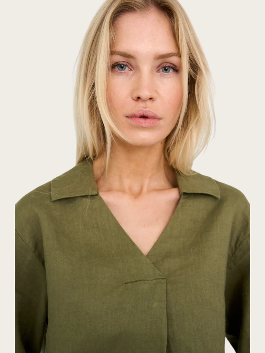 LINA LINEN V-NK BLOUSE, FADED GREEN